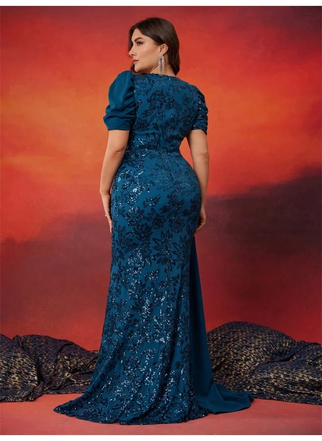 Madam Uniq Plus Size Elegant Sequin Paneled Fitted V-Neck Short Sleeve Cocktail Evening Dress