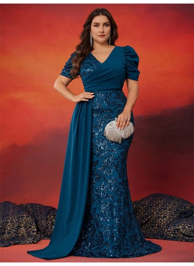 Madam Uniq Plus Size Elegant Sequin Paneled Fitted V-Neck Short Sleeve Cocktail Evening Dress