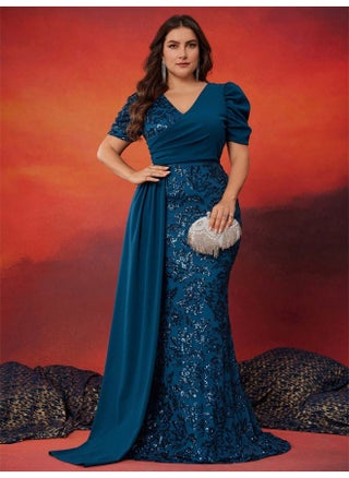 Deep Blue Sequin - Paneled Plus - Size Mermaid Dress, V - Neck & Puff Sleeves - pzsku/ZA71AE5D7A81AC33AEDAEZ/45/1746200596/2ec1858d-7451-43c8-b5d2-29387eafcfb6