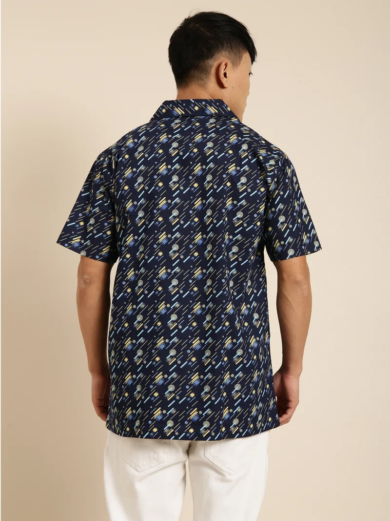Joven Navy Blue Printed Camp Collar Casual Shirt for Men