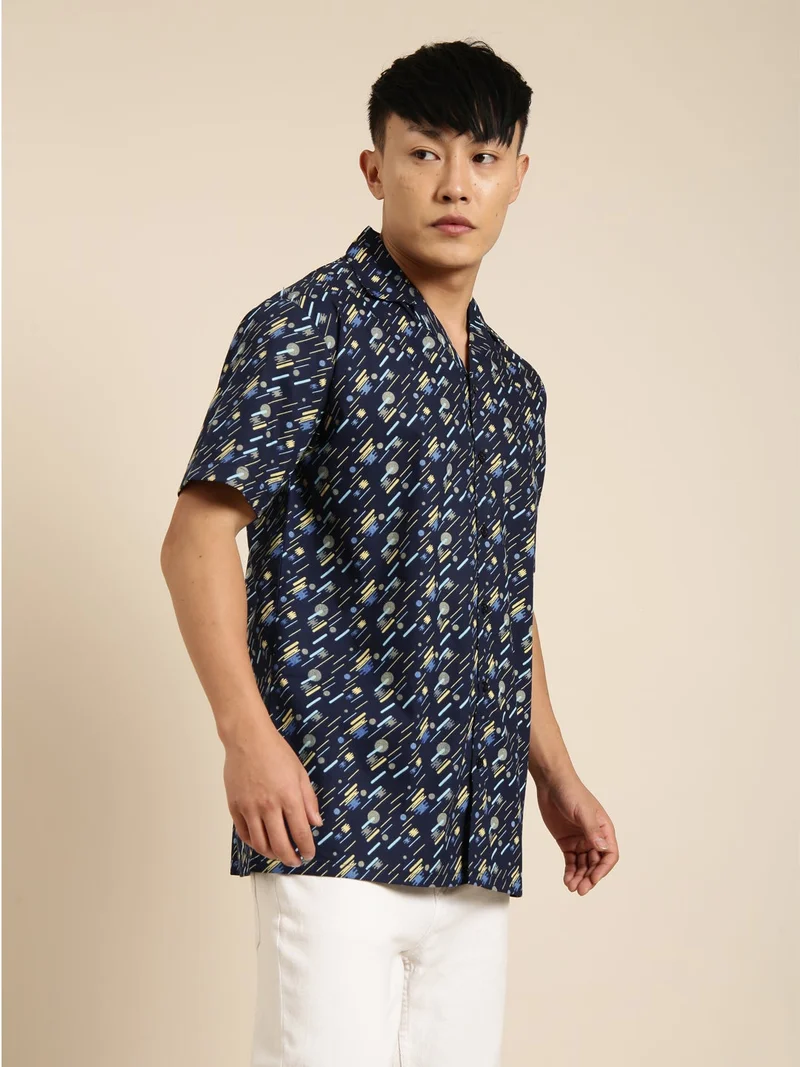 Joven  Navy Blue Printed Camp Collar Casual Shirt for Men for Men | Best Price UAE