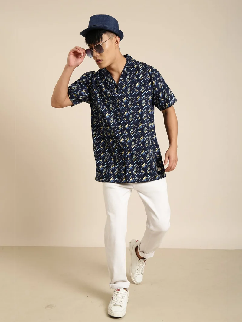Joven  Navy Blue Printed Camp Collar Casual Shirt for Men for Men | Best Price UAE