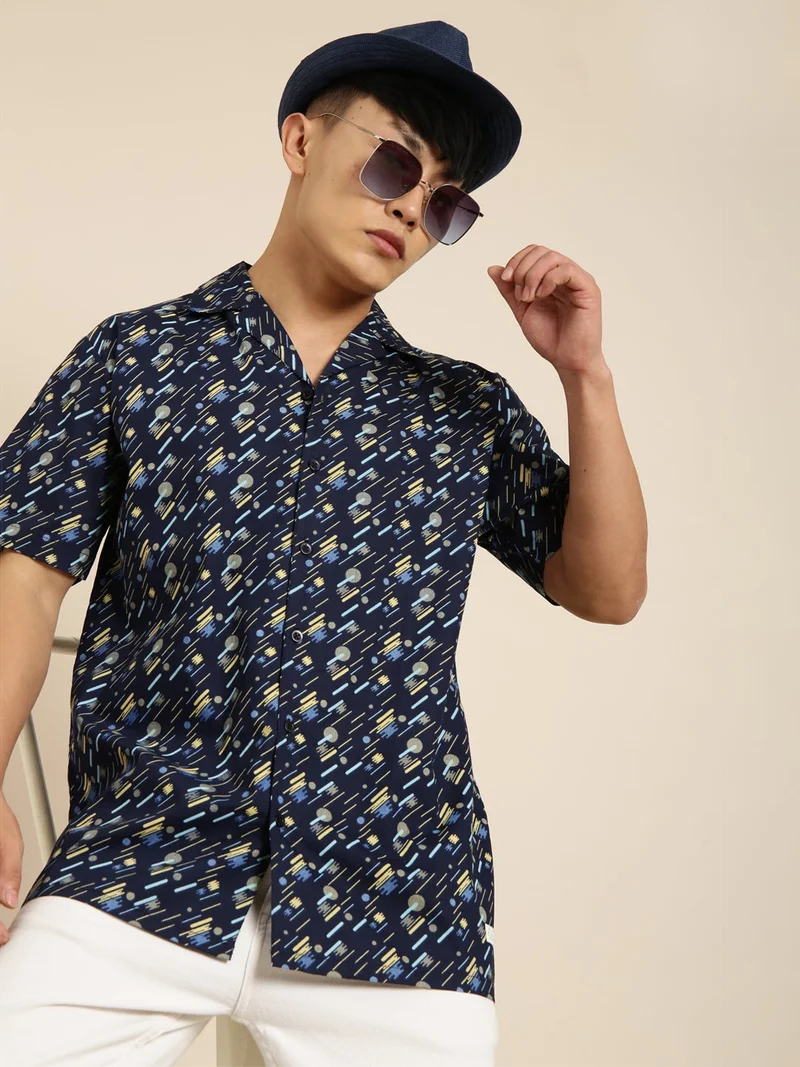 Joven  Navy Blue Printed Camp Collar Casual Shirt for Men for Men | Best Price UAE