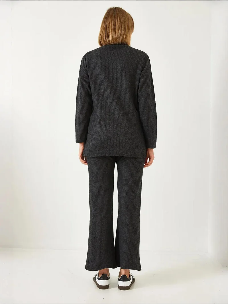 Bianco Lucci Slate Grey LUCCI Ribbed Textured Crew Neck Sweater and Pants Set for Women | Best Price UAE