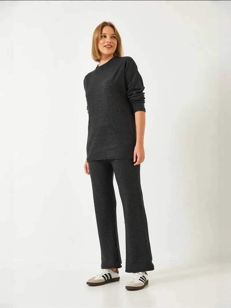 Bianco Lucci Slate Grey LUCCI Ribbed Textured Crew Neck Sweater and Pants Set for Women | Best Price UAE