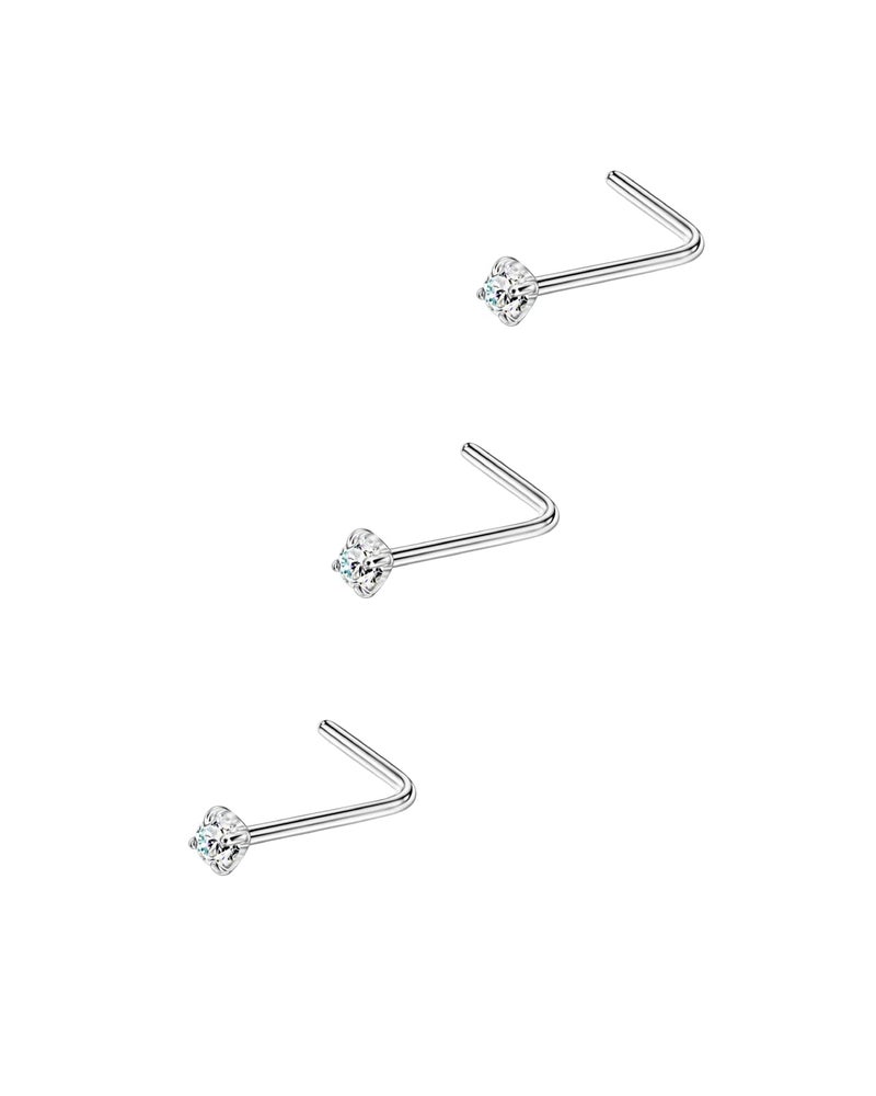 FANSING 316L Surgical Steel Nose Rings L Shape Diamond Nose Studs Hypoallergenic Nostril Piercing Jewelry CZ Nose Screw for Women & Men, 3 Pcs, Silver/Clear, 1.5mm, 22 Gauge - Image 1