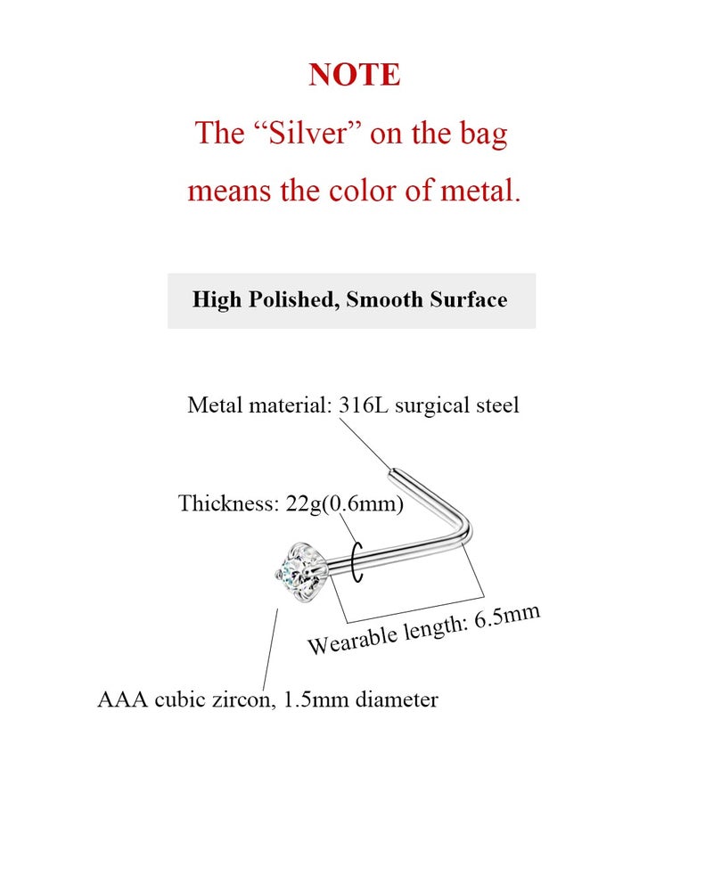 FANSING 316L Surgical Steel Nose Rings L Shape Diamond Nose Studs Hypoallergenic Nostril Piercing Jewelry CZ Nose Screw for Women & Men, 3 Pcs, Silver/Clear, 1.5mm, 22 Gauge - Image 3