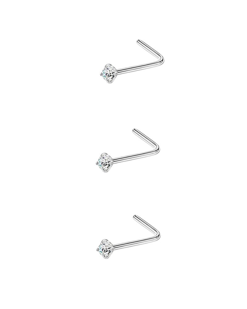 FANSING 316L Surgical Steel Nose Rings L Shape Diamond Nose Studs Hypoallergenic Nostril Piercing Jewelry CZ Nose Screw for Women & Men, 3 Pcs, Silver/Clear, 1.5mm, 22 Gauge - Image 2