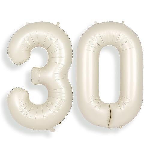 SUWEN بالونات أرقام فويل هليوم كبيرة 30 من سوين بحجم 40 بوصة باللون الكريمي الأبيض 09 للاحتفال بعيد الميلاد الثلاثين للنساء أو الرجال لوازم حفلات الذكرى السنوية - Image 1