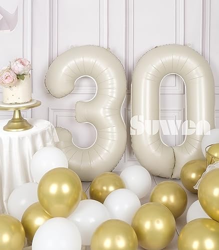 SUWEN بالونات أرقام فويل هليوم كبيرة 30 من سوين بحجم 40 بوصة باللون الكريمي الأبيض 09 للاحتفال بعيد الميلاد الثلاثين للنساء أو الرجال لوازم حفلات الذكرى السنوية - Image 5