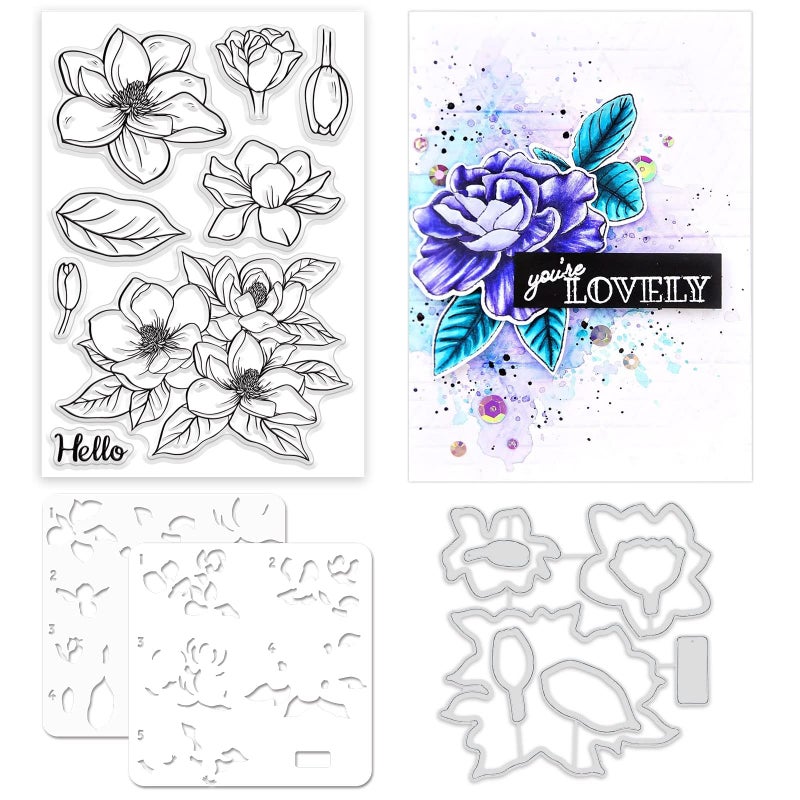ORIGACH Realistic Magnolia Flower Stamps and Die and Layering Coloring Stencil Bundle for Card Making Album Arts Crafts Supplies - Image 1