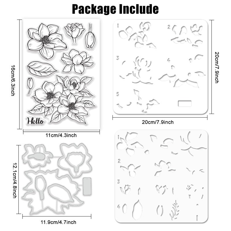 ORIGACH Realistic Magnolia Flower Stamps and Die and Layering Coloring Stencil Bundle for Card Making Album Arts Crafts Supplies - Image 2