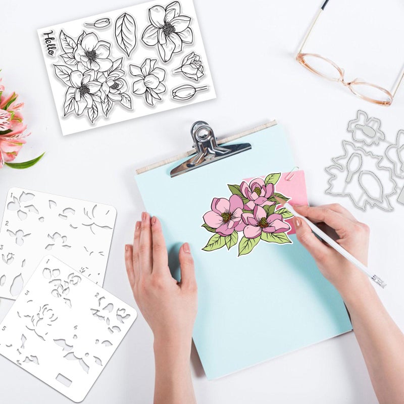 ORIGACH Realistic Magnolia Flower Stamps and Die and Layering Coloring Stencil Bundle for Card Making Album Arts Crafts Supplies - Image 5