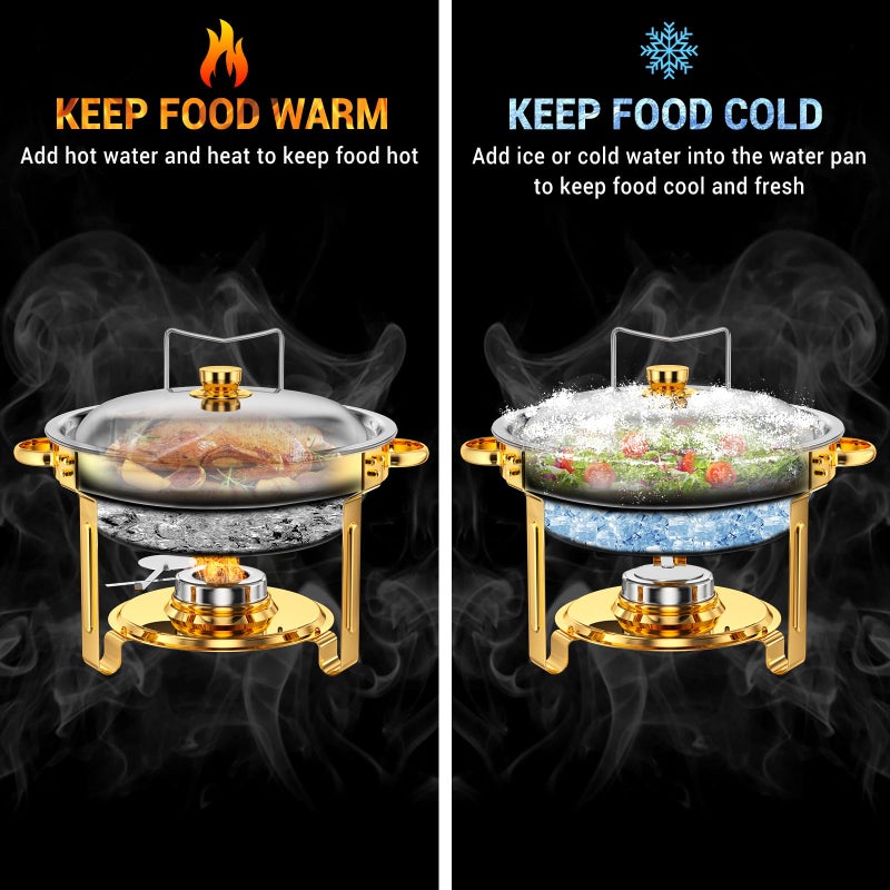 Keyoxy Round Chafing Dishes for Buffet 5 Qt,High Grade Chafing Dish Buffet Set, Full Size Pan,Rolled-Edge Design Food Warmers for Parties,Buffet,Wedding,Birthday,Camping 4 PACK (Gold) - Image 4