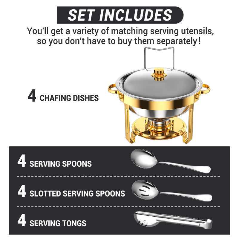 Keyoxy Round Chafing Dishes for Buffet 5 Qt,High Grade Chafing Dish Buffet Set, Full Size Pan,Rolled-Edge Design Food Warmers for Parties,Buffet,Wedding,Birthday,Camping 4 PACK (Gold) - Image 2