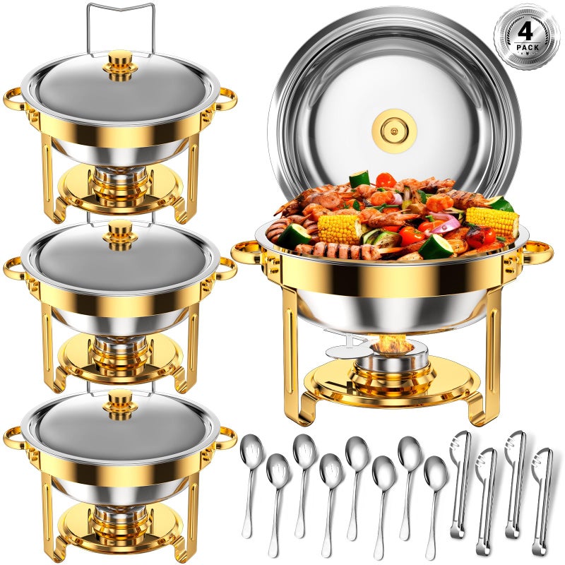 Keyoxy Round Chafing Dishes for Buffet 5 Qt,High Grade Chafing Dish Buffet Set, Full Size Pan,Rolled-Edge Design Food Warmers for Parties,Buffet,Wedding,Birthday,Camping 4 PACK (Gold) - Image 1