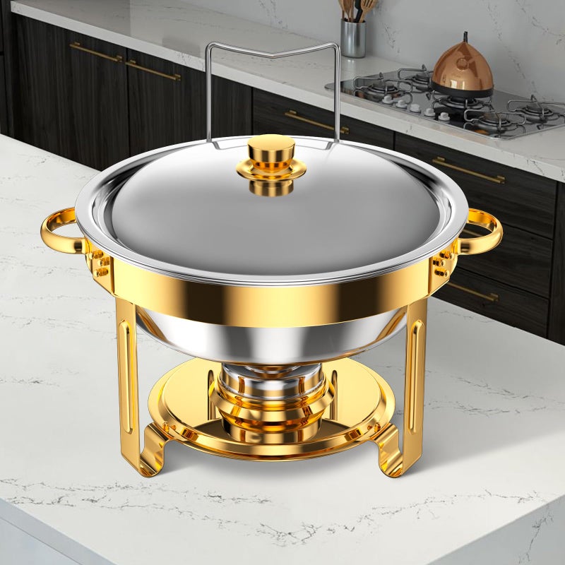 Keyoxy Round Chafing Dishes for Buffet 5 Qt,High Grade Chafing Dish Buffet Set, Full Size Pan,Rolled-Edge Design Food Warmers for Parties,Buffet,Wedding,Birthday,Camping 4 PACK (Gold) - Image 3