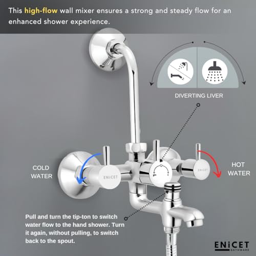 ENICET Brass 3 in 1 Wall Mixer with Overhead Shower and HandShower, Chrome Finish, 5 Function Hand Shower, Wall Mixer For Bathroom 3 in 1, Bathroom Shower Set, Mixer Tap (FE122OSHSSAFARI) - Image 3