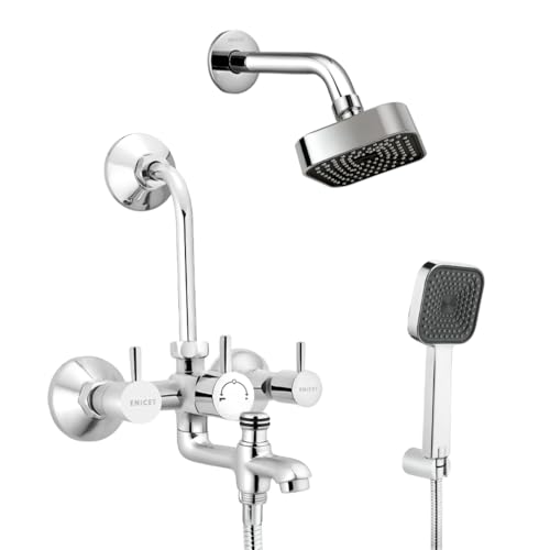 ENICET Brass 3 in 1 Wall Mixer with Overhead Shower and HandShower, Chrome Finish, 5 Function Hand Shower, Wall Mixer For Bathroom 3 in 1, Bathroom Shower Set, Mixer Tap (FE122OSHSSAFARI) - Image 1
