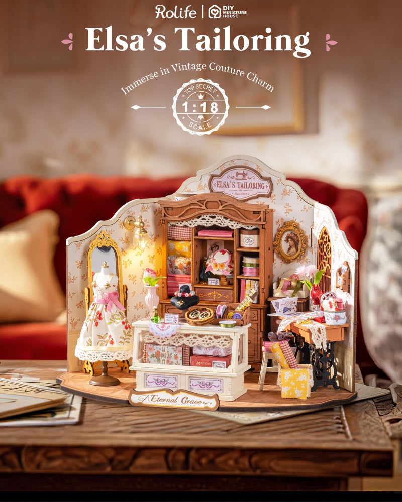 Rolife DIY Miniature House Kit Elsa's Tailoring 1:18 Scale Dollhouse Diorama, Tiny House Building Kit Vintage Tailor Shop Crafts for Adults Home Decor Gift for Adults - Image 2
