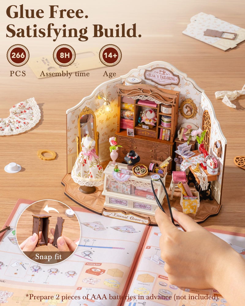 Rolife DIY Miniature House Kit Elsa's Tailoring 1:18 Scale Dollhouse Diorama, Tiny House Building Kit Vintage Tailor Shop Crafts for Adults Home Decor Gift for Adults - Image 5