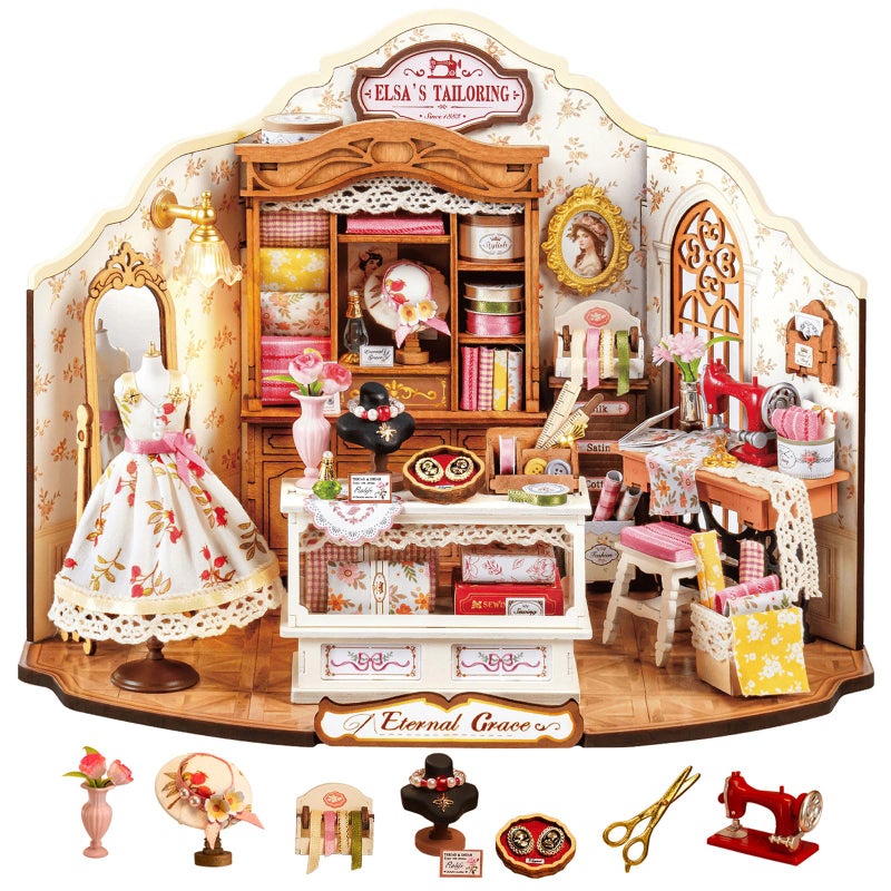 Rolife DIY Miniature House Kit Elsa's Tailoring 1:18 Scale Dollhouse Diorama, Tiny House Building Kit Vintage Tailor Shop Crafts for Adults Home Decor Gift for Adults - Image 1
