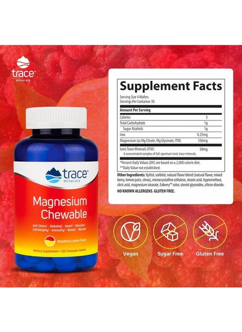 Trace Minerals | Magnesium Chewable Supplement for Adults and Kids | from Magnesium Glycinate and Citrate | Sugar Free | Raspberry Lemon | 120 ct, 30 Servings