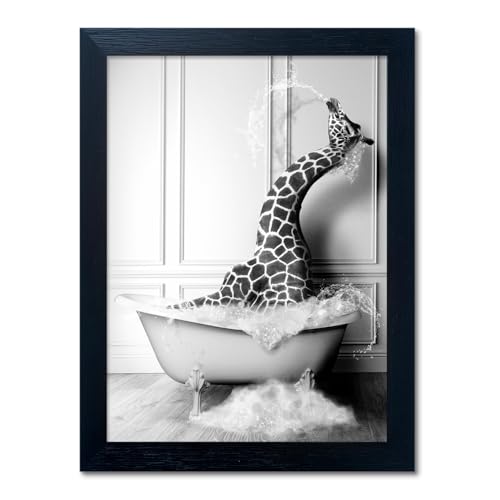 Melpa Art Black and White Bathroom Wall Decor Funny Giraffe in Bathtub Decor Framed Farmhouse Animal Canvas Wall Art Bathroom Artwork - Image 1