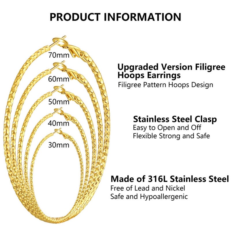 Cuicanstar 10 Pairs Silver/Gold Plated Stainless Steel Hoop Earrings for Women Hypoallergenic Large Small 14K Gold Starry Sky Filigree Hoops Silver Hoop Earring Pack Lightweight Fashion Earrings Set - Image 3