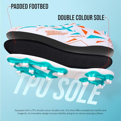 Vector X Trigger Synthetic leather + Embossed design Football Shoe/Studs, Double Colored High Strength TPU Sole, Padded Ankle Collar|Turf & Hard Ground Shoes for Boys Men, Youth (White- Sea-Green, Size-8) - Image 5