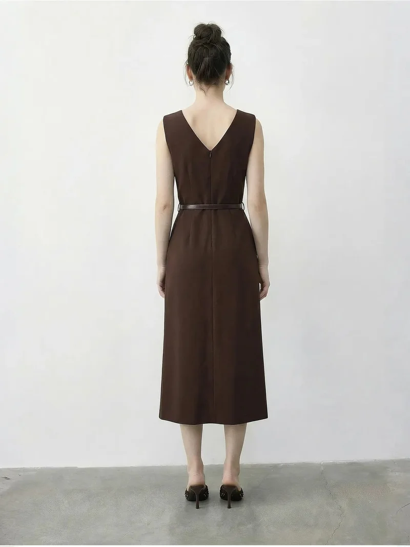 Bianco Lucci Dark Mocha Brown LUCCI Belted Midi Pencil Dress with Boat Neck for Women | Best Price UAE