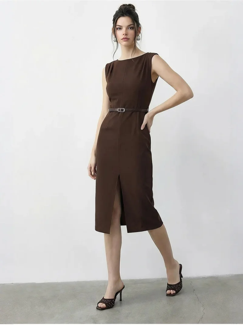 Bianco Lucci Dark Mocha Brown LUCCI Belted Midi Pencil Dress with Boat Neck for Women | Best Price UAE