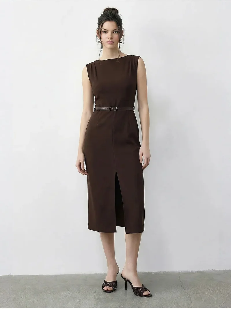 بيانكو لوتشي LUCCI Belted Midi Pencil Dress with Boat Neck