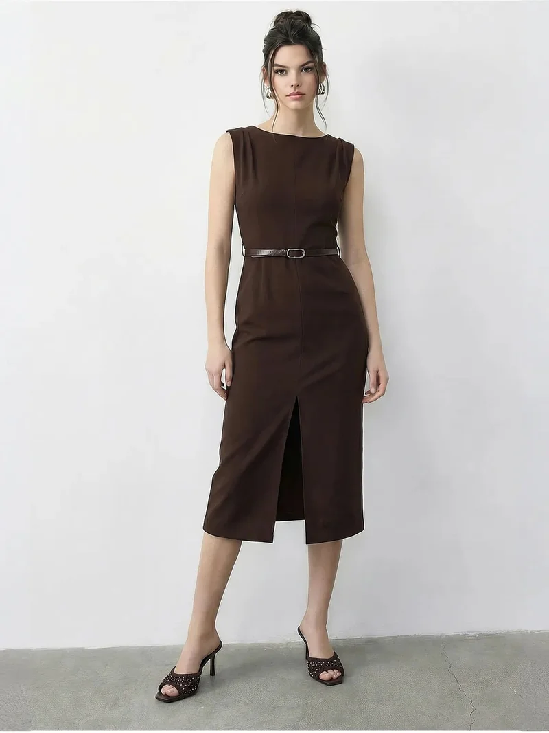 بيانكو لوتشي LUCCI Belted Midi Pencil Dress with Boat Neck