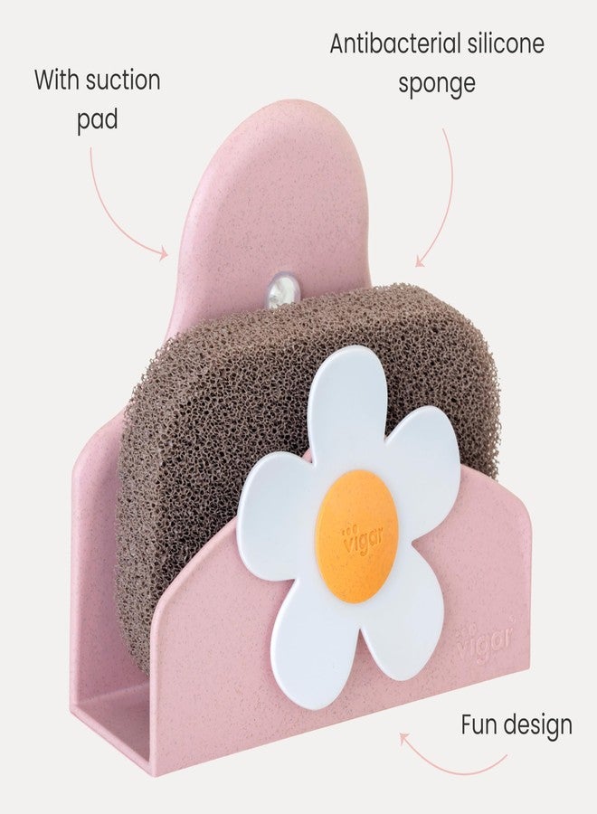 فايجر حامل إسفنجة فيجار فلورجانيك ديزي لحوض المطبخ مع كوب شفط وإسفنجة، منظم حوض، منظمات وتخزين لأحواض المطبخ، وردي - Image 3