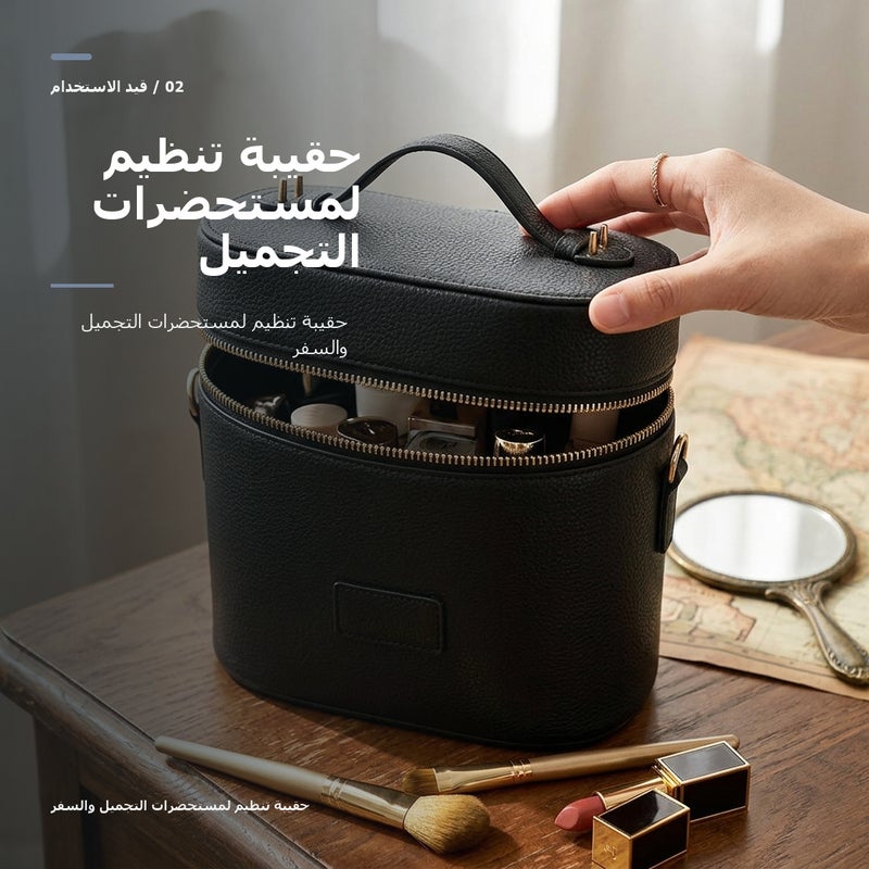 حقيبة مكياج احترافية بعدة مقصورات وبمقبض حمل ومناسبة لـ المكياج وأدوات التجميل والتخزين اليومي أثناء السفر باللون أسود منظم بعدة أقسام مع مقبض - Image 3