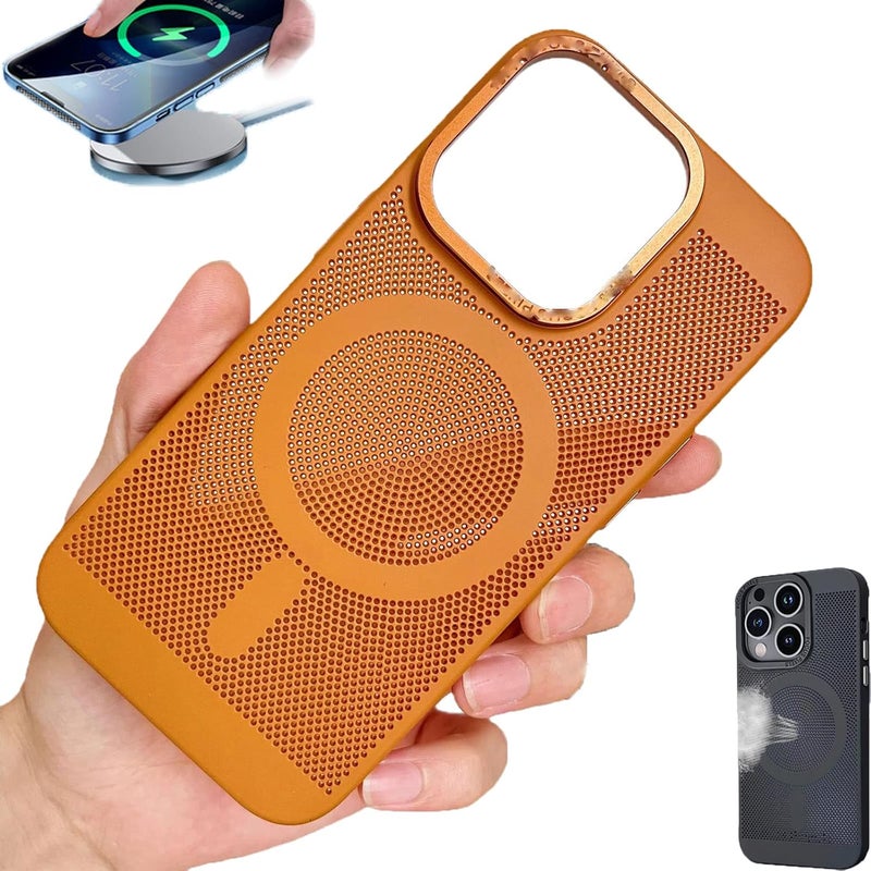 woobles Heat Dissipation Steel Mesh Magnetic Attraction Case Cover for iPhone, Magnetic Attraction Case Wireless Charging Case for iPhone (Brown,for iPhone13pro) Brown for iPhone13pro - Image 1