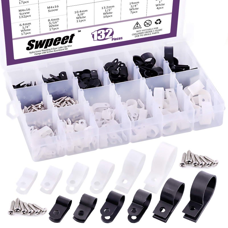 Swpeet 135 Pack 6 Sizes WhiteBlack Nylon Plastic RType Cable Clips Clamp Assortment Kit 316 14 38 12 34 1 Nylon Screw Mounting Cord Fastener Clips with 135Pcs Screws for Wire Management - Image 2