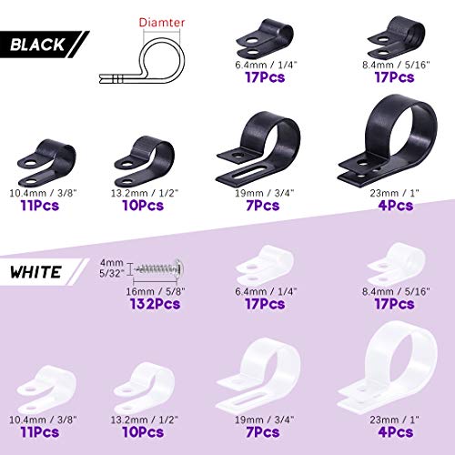 Swpeet 135 Pack 6 Sizes WhiteBlack Nylon Plastic RType Cable Clips Clamp Assortment Kit 316 14 38 12 34 1 Nylon Screw Mounting Cord Fastener Clips with 135Pcs Screws for Wire Management - Image 3