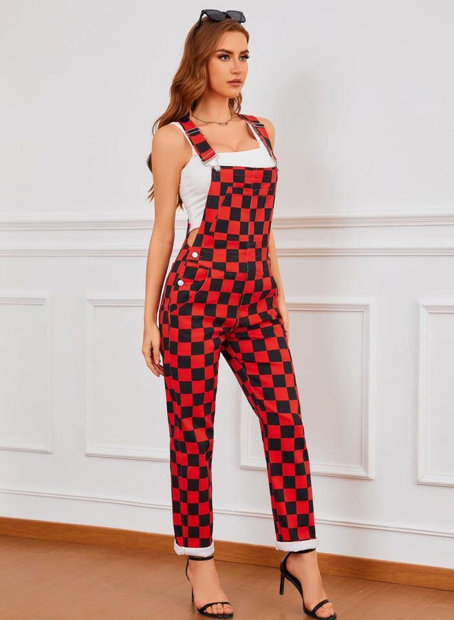 Odefou Checkered Pants Womens Overalls Fashion Bib Coveralls Cute Stretch Jeans Jumpsuit, Red and Black Checkered, M - Image 5