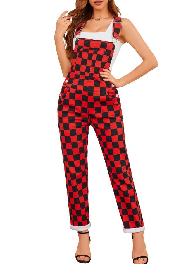 Odefou Checkered Pants Womens Overalls Fashion Bib Coveralls Cute Stretch Jeans Jumpsuit, Red and Black Checkered, M - Image 1