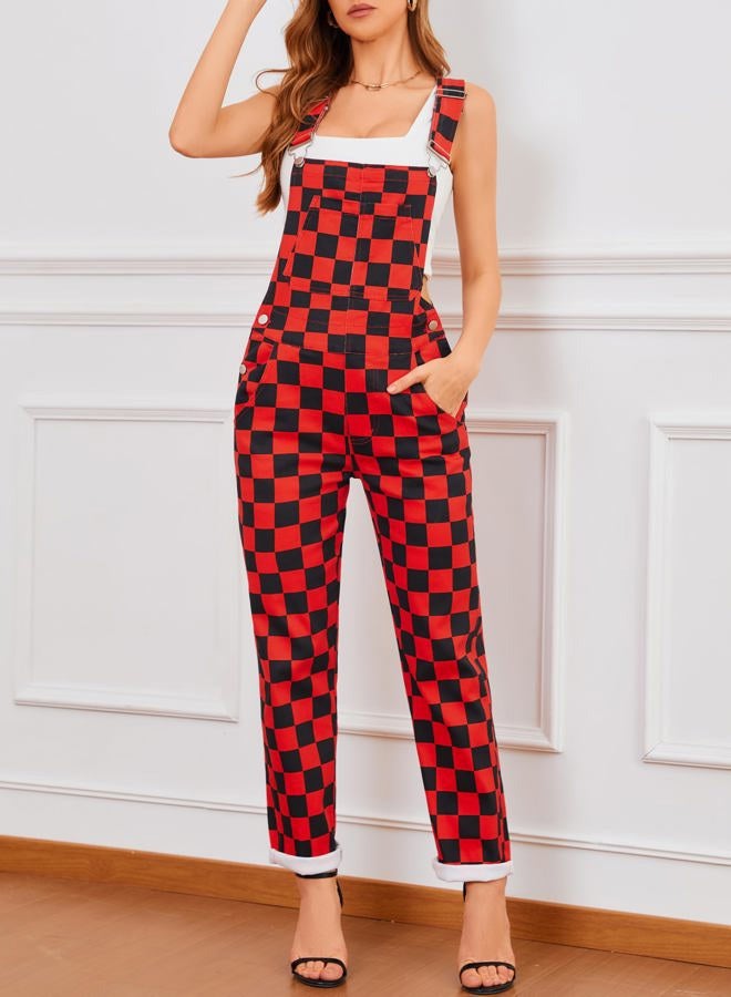 Odefou Checkered Pants Womens Overalls Fashion Bib Coveralls Cute Stretch Jeans Jumpsuit, Red and Black Checkered, M - Image 3