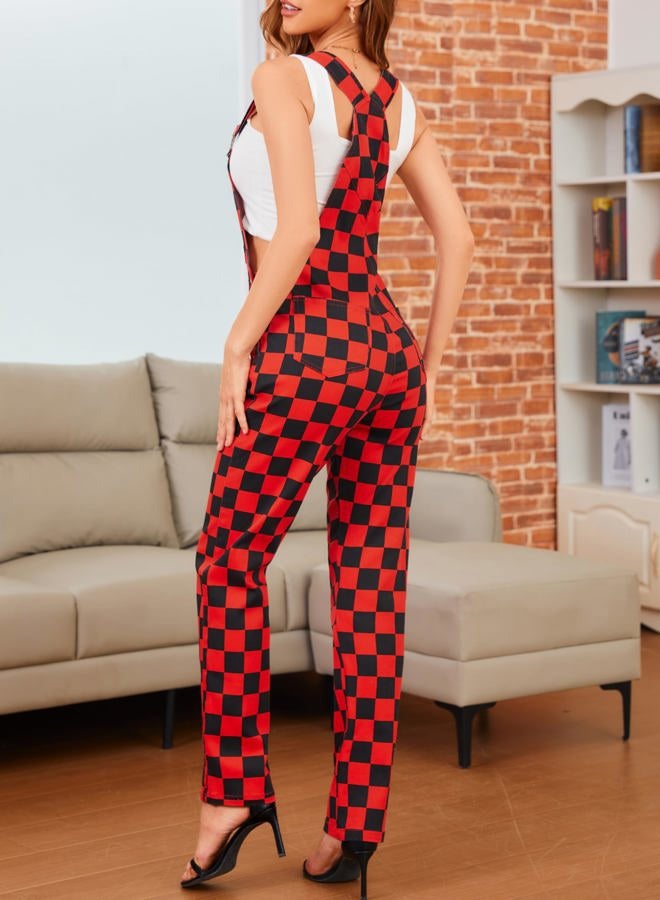 Odefou Checkered Pants Womens Overalls Fashion Bib Coveralls Cute Stretch Jeans Jumpsuit, Red and Black Checkered, M - Image 2