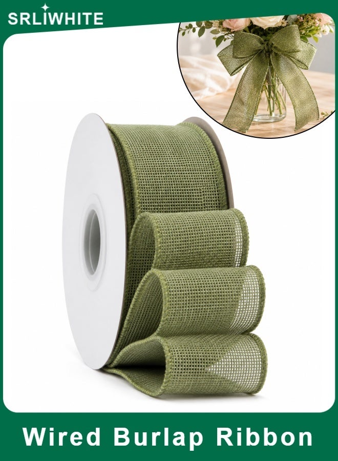 SRLIWHITE Moss Green Wired Burlap Ribbon, Faux Jute Mesh Ribbon Roll, Open Weave Craft Ribbon for Gifts, Bouquets, Wreaths, Wedding Decor, Party Decoration - Image 1