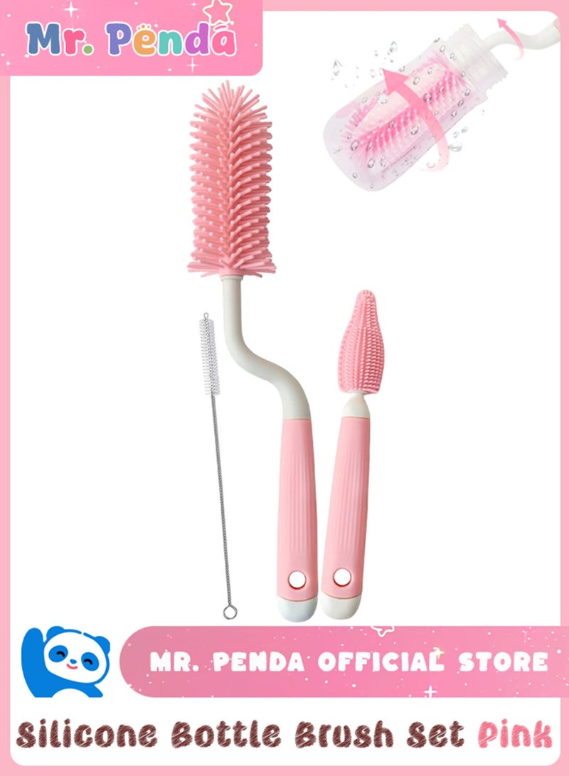 Mr. Penda 3 Pack Silicone Bottle Brush Set, Flexible, Rotating Long Handle Cleaner for Baby Bottles, Nipples, Straws Versatile Cleaning Kit for Vases, Glassware (Pink) - Image 1