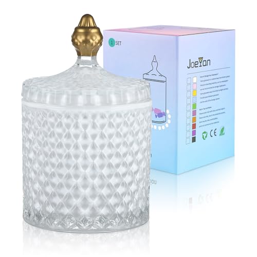Joeyan 18 oz White Glass Jars with Lid,Embossed Candy Dishes,Diamond Faceted Glass Food Container,Decorative Jewelry Box Canisters,Colored Kitchen Bathroom Storage Organizer,Gifts for Wedding Buffet - Image 1
