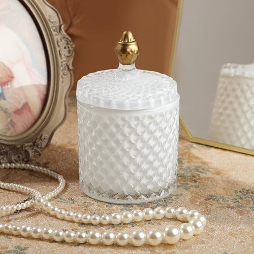 Joeyan 18 oz White Glass Jars with Lid,Embossed Candy Dishes,Diamond Faceted Glass Food Container,Decorative Jewelry Box Canisters,Colored Kitchen Bathroom Storage Organizer,Gifts for Wedding Buffet - Image 2