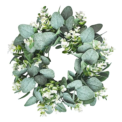 LSKYTOP 1 Pc Green Eucalyptus Round Wreath Artificial Farmhouse Wreath for Door Wall Window Decor,11Inch/PC - Image 1