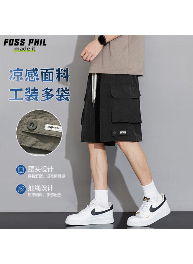 Foss Phil Ice-cool Breathable Men's Shorts Spring Summer All-match Multi-pocket Straight Casual Work Pants K182 Black XL - Image 1