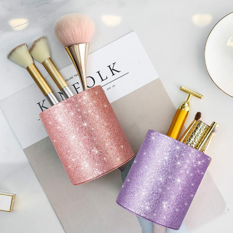 WAVEYU Pen Holder for Desk, Pencil Cup Pink Glitter Bling for Women Girls, Luxury Makeup Brush Holder Large Pu Leather Multi-Functional Organizer Cup for Office, Classroom, Home, Rose Gold - Image 4